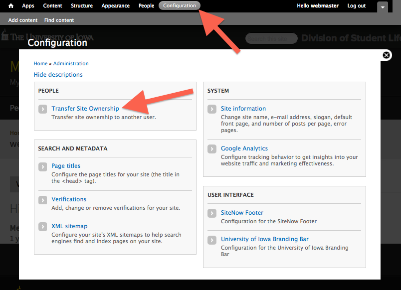 SiteNow Standard configuration page