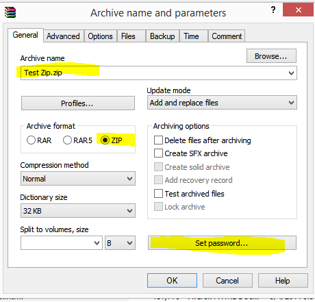 highlighted - Archive name: Test Zip.zip, Archive format - bubbled ZIP, and set password... button 