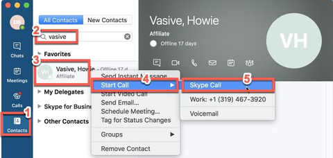 Menu showing where to select Skype call in contacts