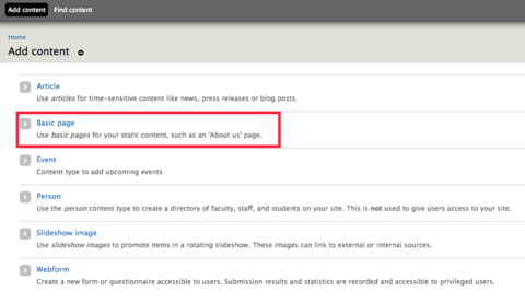 'Add content' screen and basic page