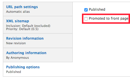 Publishing options promote to front page button