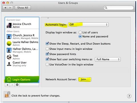 Users & Groups. Automatic login: Off. Click Join... button next to Network Account Server: