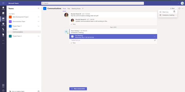 screenshot of scheduling teams meeting in a channel