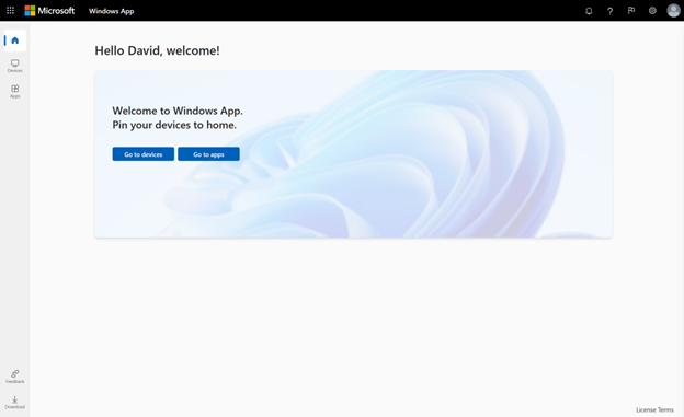 This is an image of the welcome page for the Windows app used for access of Azure Virtual Desktop.