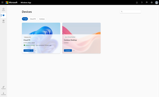 This is an image of available Azure Virtual Desktop devices in the Windows app website.