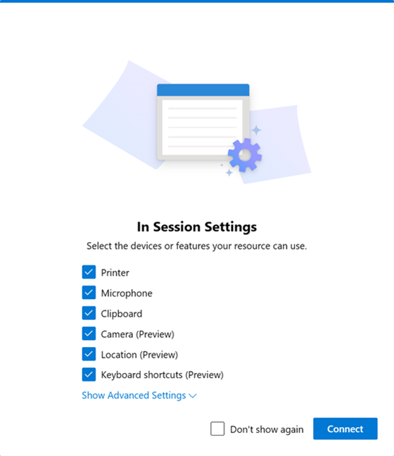 This is an image of the In Session Settings prompt that is shown when connecting to the Azure Virtual Desktop.