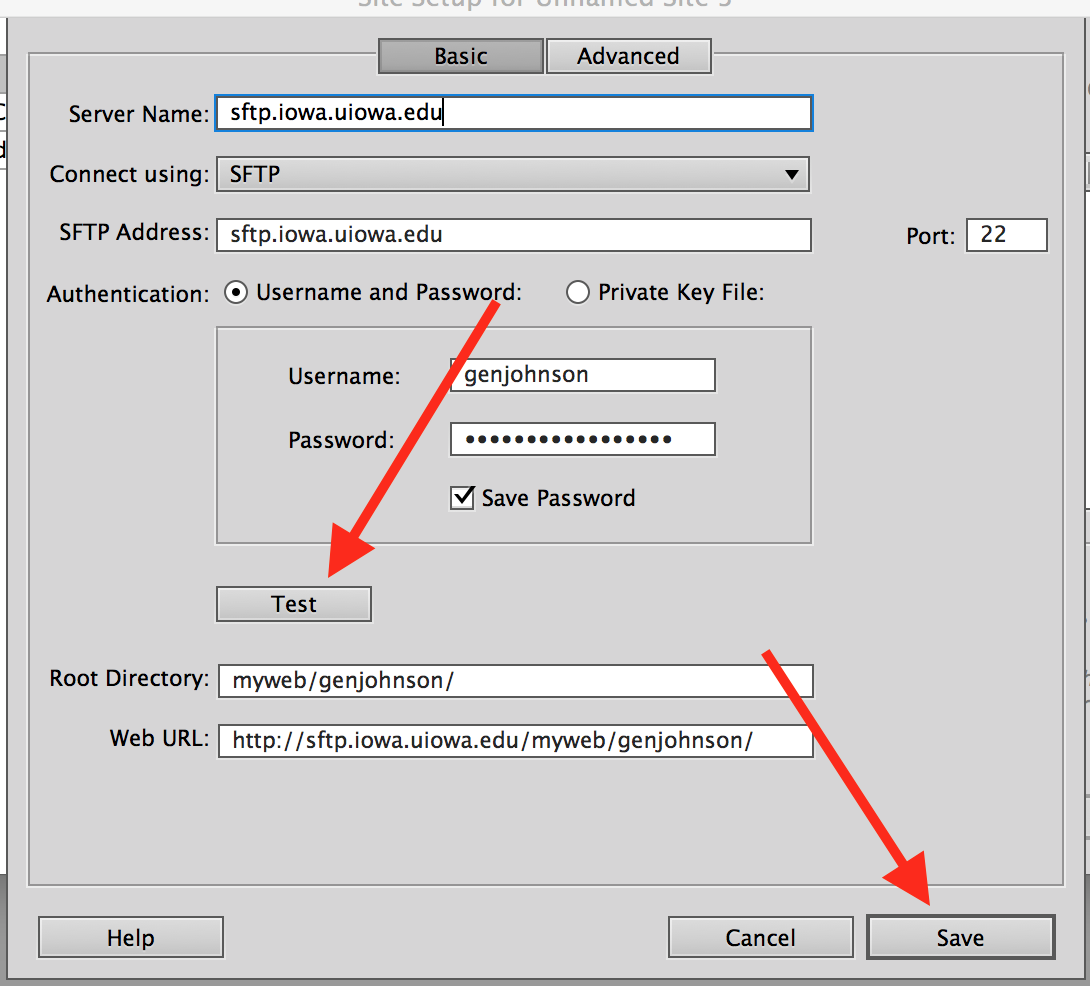 Test and Save buttons on site setup form