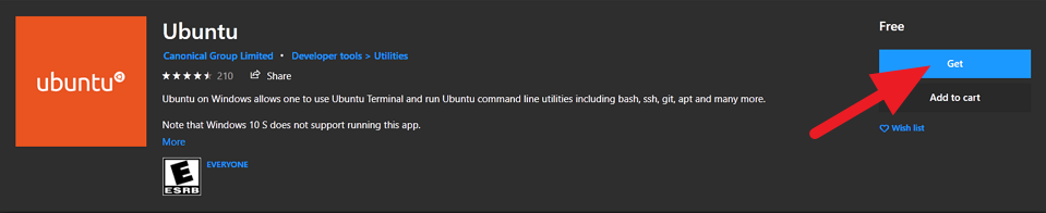 Image showing the Get button in the Microsoft Store to acquire Ubuntu